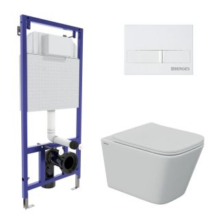 Комплект Berges 4в1 043244: инсталляция NOVUM 525 кнопка L1 белая унитаз FLOE S Rimless сидение дюропласт Floe S Slim SO