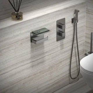 Бумагодержатель Timo Petruma 15243/18 с полкой чёрное золото