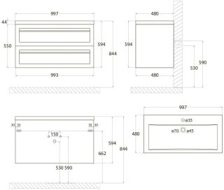 Подвесная тумба под раковину Art&Max Platino 100см серый матовый AM-Platino-1000-2C-SO-GM