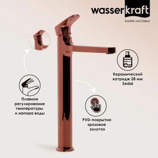 Смеситель для раковины Wasserkraft Asphe 7703H розовое золото