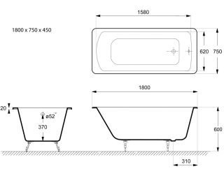 Ванна чугунная Vinsent Veron Devon VDV1807545H 180x75см с отверстиями для ручек