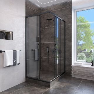Душевой уголок Veconi Rovigo RV-113B, 900x900x1850, черный, стекло прозрачное