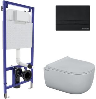 Комплект Berges 4в1 047255: инсталляция NOVUM525 кнопка F5 SoftTouch чёрная унитаз EGO Rimless сиденье Toma Slim SO