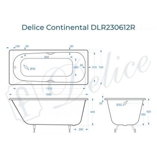 Ванна чугунная Delice Continental DLR230612R 150x70 с отверстиями под ручки