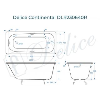 Ванна чугунная Delice Continental 120х70 с отверстиями под ручки