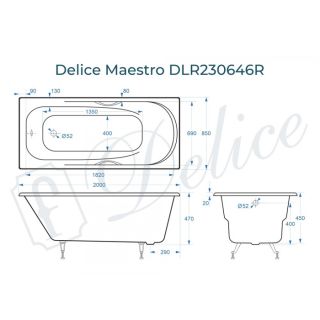 Ванна чугунная Delice Maestro DLR230646R 200х85 с отверстиями под ручки
