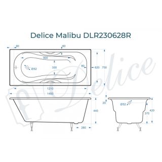 Ванна чугунная Delice Malibu DLR230628R 140х75 с отверстиями под ручки