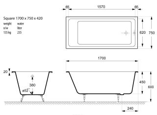 Ванна чугунная Vinsent Veron Square VSQ1707542H 170x75см с отверстиями для ручек